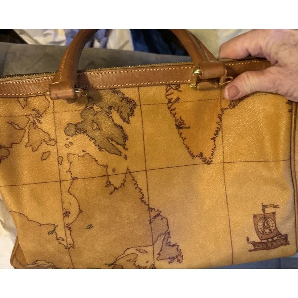 Alviero Martini World Geo Map Boston Satchel Italy canvas cognac leather good!